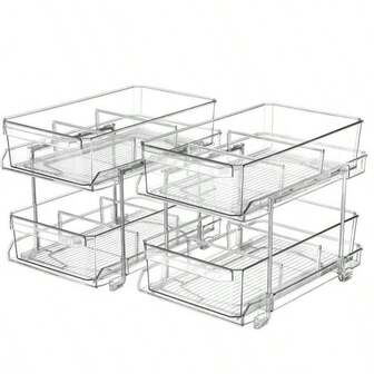 2 Tier Clear Organizer With Dividers For Cabinet / Counter, 2Set/4Tier MultiUse Slide-Out Storage Container - Kitchen, Pantry, Medicine Cabinet Storage Bins, Bathroom, Vanity Makeup, Under Sink Organizing