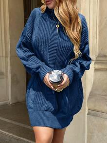 女式针织高领长袖毛衣裙，短款/中长款，有弹性，秋冬 - 藍色 - 查看 1