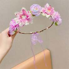 1pc Romantic Bride Wedding Floral Headband, Fairy-Like Nature Style Wreaths & Crowns Tiara Costume Crown Hair Garland Hair Vine Headpiece Hair Circlet Tiara, Hawaiian Outfit For Women, Summer Accessories, Accessories - Purple - View 12