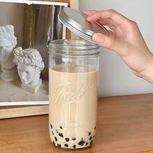 1 Piece (Set) Large-Capacity Heat-Resistant Transparent Glass Mason Jar (With Lid And Straw), Suitable For Boba Milk Tea, Coffee, Juice And Cold Drink - Trong sáng - Xem 4