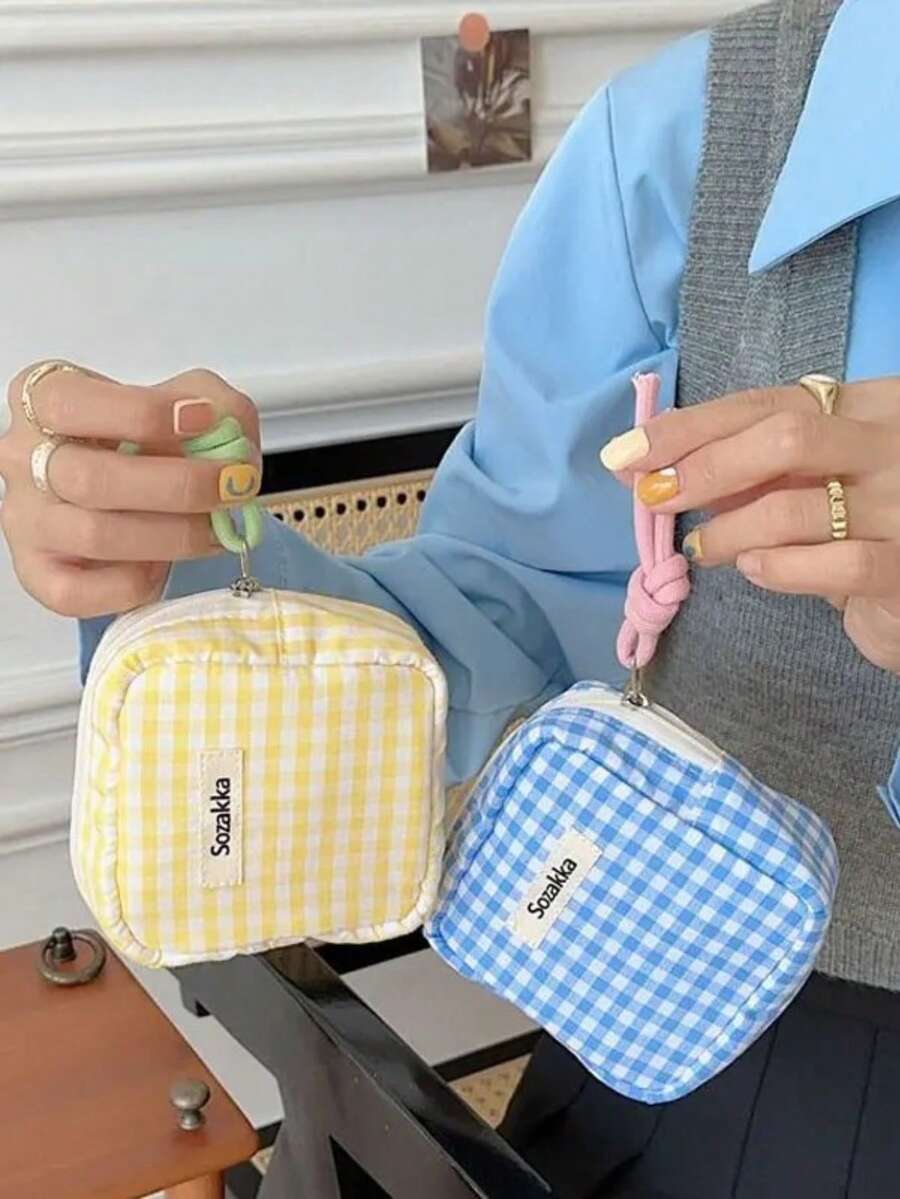 1 pieza Bolsa de cosméticos mini a cuadros de color caramelo para almacenamiento de toallas sanitarias, billetera, bolsa de aseo, bolsa de viaje de gran capacidad para maquillaje para mujeres