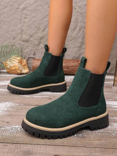 Plus Size Women's Western Style Solid Color Round Toe Thick Sole Double Elastic Shaft Boots, Suitable For Campus