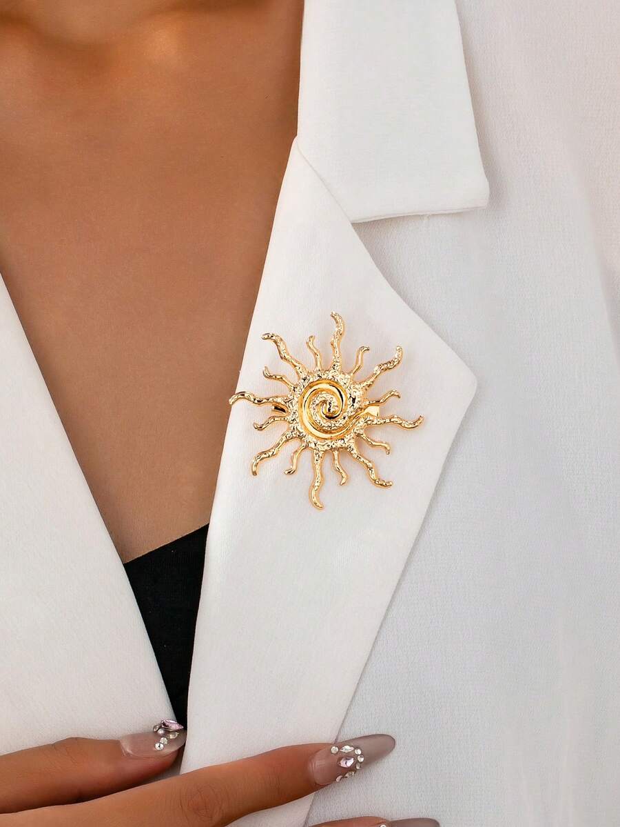 1pc Fashionable Creative Metal Sun Brooch, Suitable For Women's Daily, Business And Party Wear - Yellow Gold - View 1
