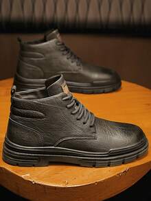 Men's High-Top Leather Motorcycle Boots, New Design, Thick Sole, Anti-Slip, Durable PU Leather, Waterproof, Oil-Resistant, Gradient Color, Distressed, Comfortable Stitching, Fashionable & Versatile Casual Short Boots, Soft & Comfortable For Work, Outdoor Hiking