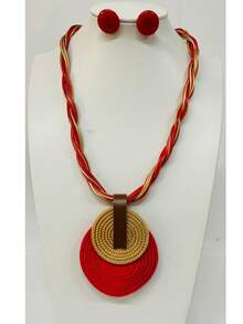 Braided Wire Necklace Set With Double Pendant + Resin Button Earrings – Sophistication In Every Detail. - Red - View 1