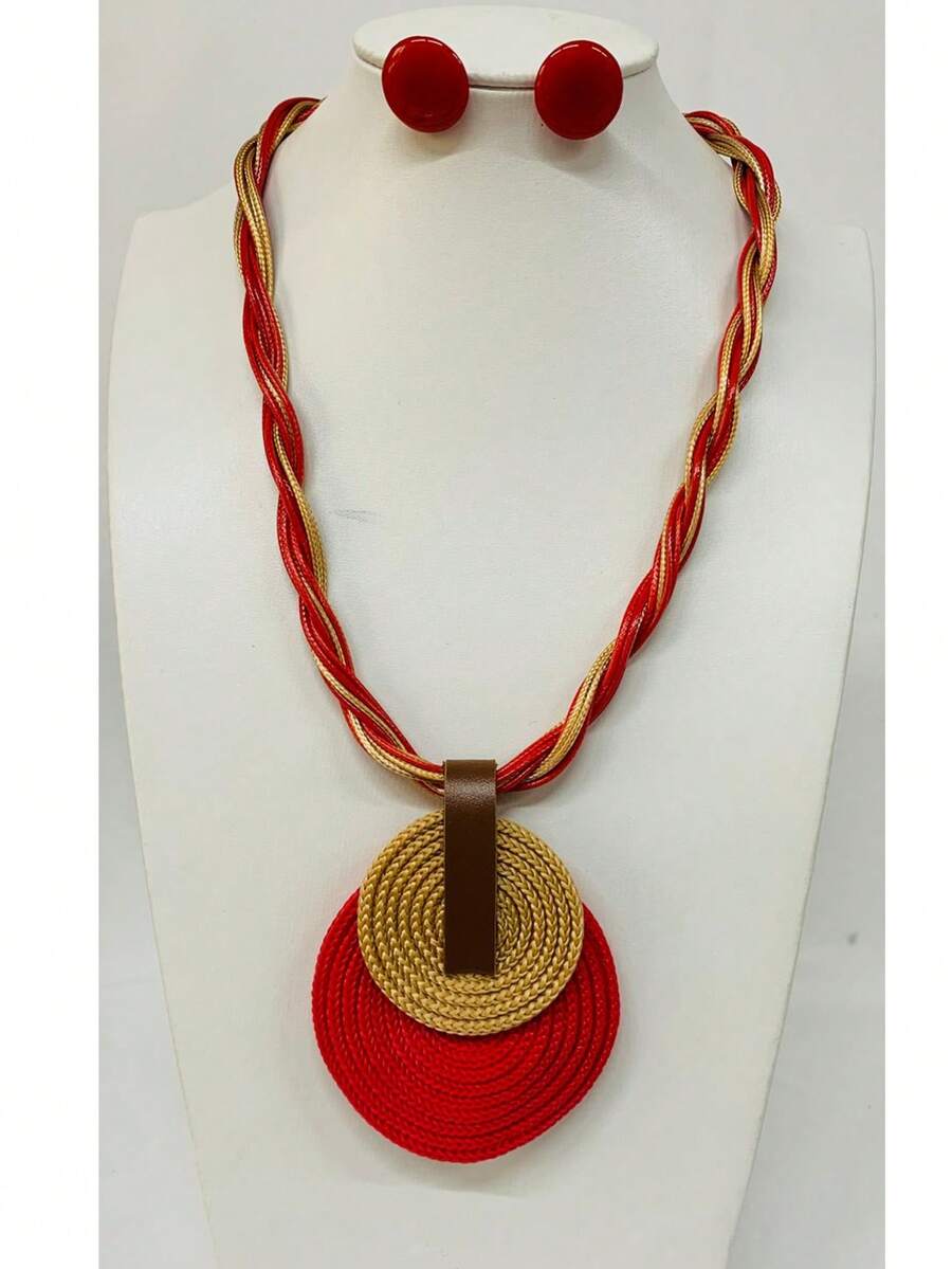 Braided Wire Necklace Set With Double Pendant + Resin Button Earrings – Sophistication In Every Detail. - Red - View 1