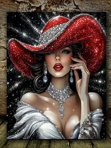 红帽优雅女王 5D DIY 钻石画套装，带圆形钻石 - 女性肖像钻石马赛克墙艺术，适合家庭和办公室装饰 - 彩色 - 查看 2