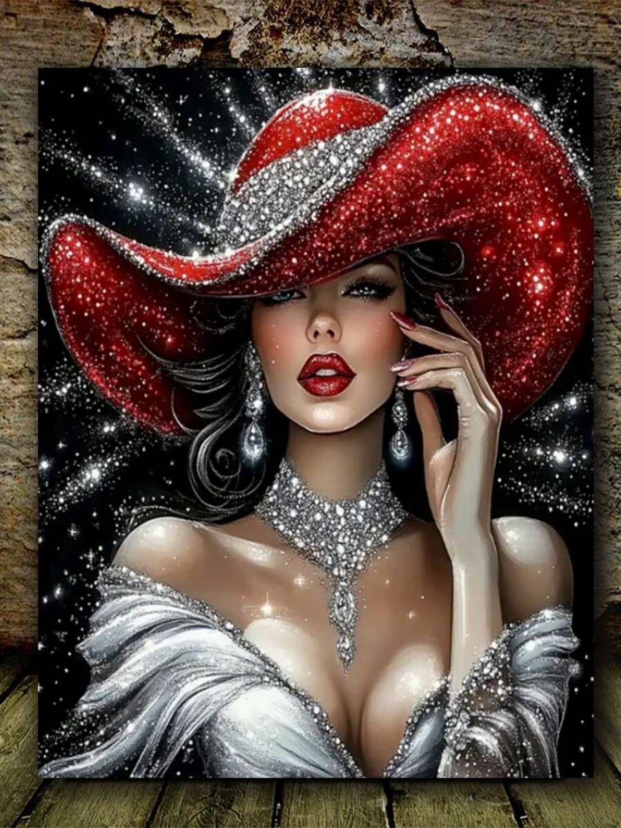 红帽优雅女王 5D DIY 钻石画套装，带圆形钻石 - 女性肖像钻石马赛克墙艺术，适合家庭和办公室装饰