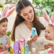 5-Layer Adorable Pink Bunny Russian Nesting Dolls,Easter Cute Rabbit Wooden Matryoshka Nesting Dolls With Garland Carrot Heart Pattern For Kids Stacking Christmas Birthday Easter Toy Gift Home Decoration - Pink Bunny - View 9