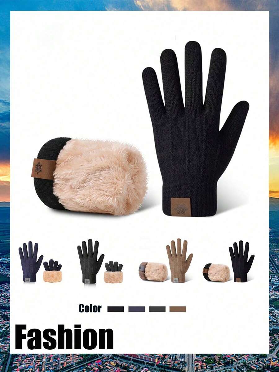 1 Pair Men's Warm Gloves, New Thickened Polar Fleece Winter Touchscreen Knitted Gloves, Outdoor Double-Layer Windproof Winter Gear