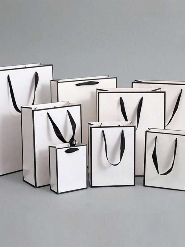 3 Stück weiße schwarze Geschenktüten mit Schleifen-Griffen, weiße Geschenktüten und schwarzer Rahmen, Boutique Geschenktüten für Hochzeit, Einzelhandel, Party, Geburtstag