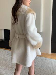 女士冬季豹纹领长袖人造毛领系腰圣诞外套 - 奶昔白 - 查看 5