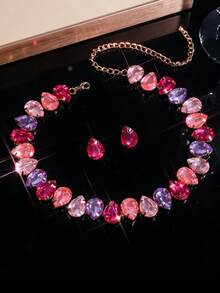 قلادة بلورية شكل قطرة ماء فوشيا وزهري، طقم إكسسوارات رسمي يشمل زوج من أقراط قطرة ماء فوشيا وزهري من الأكريليك