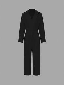 Women's Solid Color Lapel NeckLong Sleeve Pleated Pocket Casual Jumpsuit - 黑色 - 查看 2