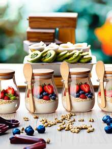 11.96盎司玻璃杯，隔夜燕麦杯套装（1/2/3/4件装），沙拉碗，燕麦片容器，燕麦杯，带盖勺子备餐容器，奇亚籽、布丁、酸奶玻璃罐 - 彩色 - 查看 6