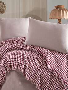 Houndstooth Pattern Multi-Purpose Coverlet – 180x200 Cm | 70% Cotton, 30% Polyester | Bedspread, Sofa Throw, Or TV Blanket | Soft, Durable, And Stylish MADE IN TURKEY - Red and White - View 2