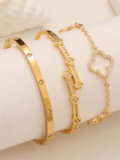 Bộ vòng tay đính đá Zirconia hình cỏ ba lá bằng thép không gỉ thời trang quyến rũ dành cho nữ, thích hợp đeo hàng ngày, hẹn hò đôi, kết hợp nhiều dịp và làm quà tặng