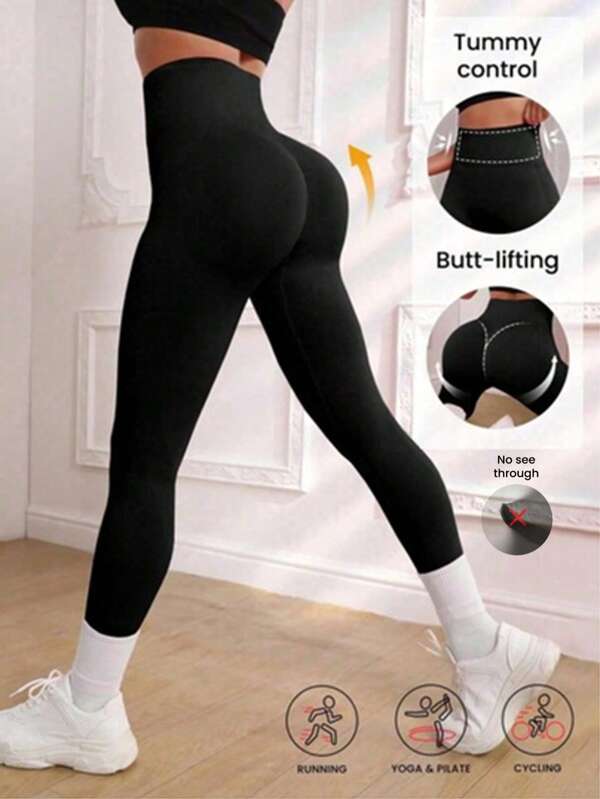 1PC Solid Color High Waisted Tummy Control & 4-Way Stretch, Outdoor Leggings Ideal For Workout & Running