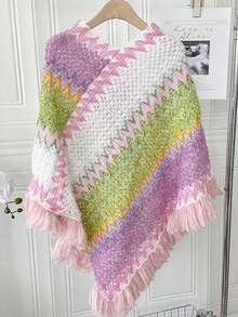 1件人字纹流苏披肩，斗篷披肩，时尚百搭的旅行斗篷，保暖围巾披肩，可搭配连衣裙 - 人字紋流蘇披肩 - 查看 4