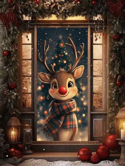 1pc/Christmas Themed Red-Nosed Reindeer Door Cover Decoration, Durable Polyester Fiber, Reindeer With Plaid Scarf, Christmas Tree And Other Festive Atmosphere Elements, Classic Rudolph Style Polyester Hanging Decoration, Suitable For Christmas Front Door, Holiday Home, Winter Porch, Christmas Decoration, Party Decoration, Christmas Photo Background