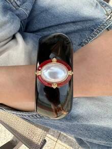 3pcs Vintage Style Valentine's Day Carnival Holiday Red & Black Wide Asymmetrical Resin Bracelets With Pearl Decor, Brushed Gold Bracelets, Women's Fashion Jewelry, Best Gift Choice For Eid, Perfect Gift For Mom, Daughter, Sister Or Girlfriend On Valentine's Day, Birthday, Christmas And Anniversary - Multicolor - View 10