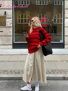 Christmas HoloChill Women Young Influencer Casual Style Colorblock Striped Crew Neck Pullover Knit Sweater, Autumn/Winter 2025 New Year