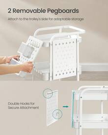SONGMICS 3-Tier Storage Cart, Rolling Utility Cart, Metal Mesh Shelves, 2 Removable Pegboards, 2 Hanging Holders, 4 Hooks, Craft Cart For Living Room, Kitchen, Office, Bathroom, Cloud White
