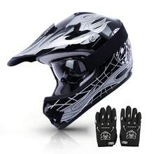 TCMT Dot Youth Motorcycle Off-Road Helmet Full Face Motocross Street Dirt Bike Mountain Bike BMX MX ATV Helmet+Goggles+Gloves - 黑色 - 查看 1