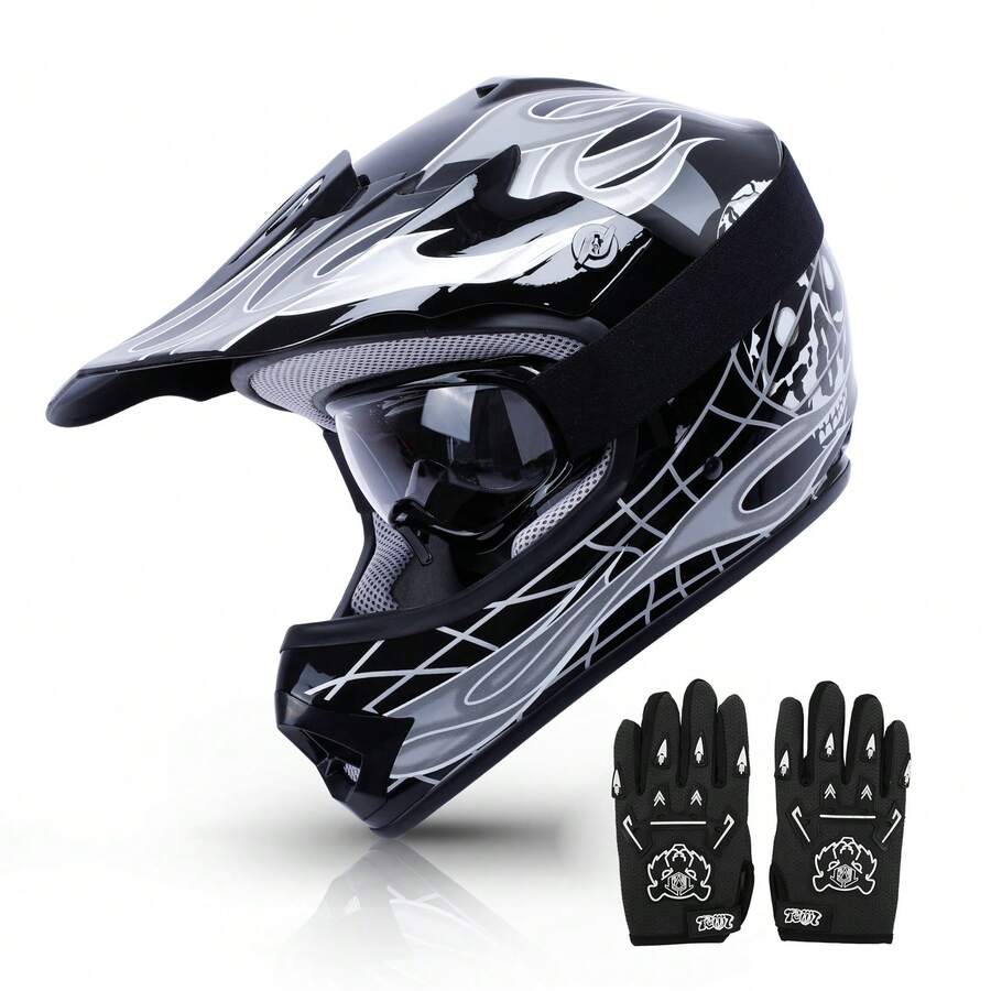TCMT Dot Youth Motorcycle Off-Road Helmet Full Face Motocross Street Dirt Bike Mountain Bike BMX MX ATV Helmet+Goggles+Gloves - 黑色 - 查看 1