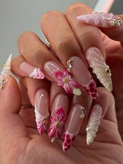 24pcs/Set French Almond-Shaped Ocean Style Elegant 3D Pink Polka Dot Ombre Floral Decor Acrylic Nail Tips With 1pc Jelly Gel And 1pc Nail File, Romantic And Sweet For Daily Wear And Dates