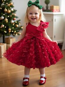 Baby Girl Sleeveless Butterfly Applique Tulle Puff Dress, Suitable For Wedding Flower Girl, Does Not Include Headband - Burgundy - View 4