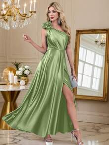 Women's Elegant Smooth Knit Elastic Satin One-Shoulder Dress, 3D Floral Decor, Sexy Pleated Summer Evening Gown, High Waist Flared Side Slit Dress, Suitable For Dates, Parties, Galas, Weddings, Bridesmaid Events, Formal Occasions - Green - View 4