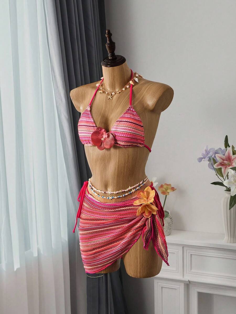 Bellisia Conjunto de biquíni de férias estilo boêmio feminino para praia de verão, 3 peças