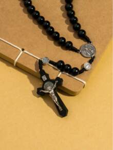 1 Piece Personalized And Fashionable Wooden Bead Cross Prayer Necklace For Men's Daily Wear
