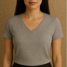Kit Of 4 Basic V-Neck Short Sleeve Ribbed Blouses - Beige, Military Green, Brown, Gray - View 5