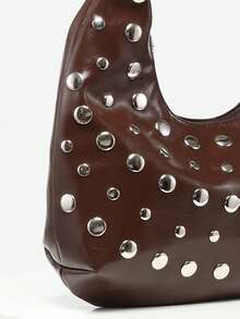 1pc Women's Retro Punk Boho Style Ocean Decor Beach Bag, Crocheted Rivet Oiled Leather Large Capacity Shoulder Satchel, Suitable For Outings, Parties, And Daily Wear - Brown - View 3