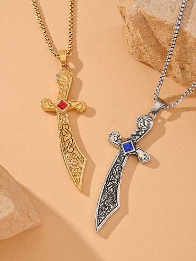 18K Gold Plated 1pc Stainless Steel Scimitar Sword Pendant Necklace For Men, Two-Tone With Red/Blue CZ Accent, Perfect For Street Style