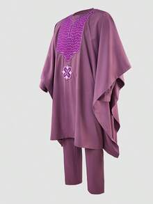 Purple Three Pieces Agbada Attire For Men, Long Colorblock Embroidered Robe And Dashiki Shirt & Elastic Waist Pants, Traditional African Attire For Ceremonies, Wedding, Cultural Celebrations, Festivals, Elegant African Fashion For Men, Royal & Elegant Style