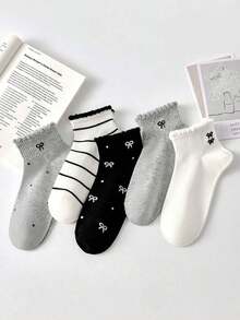 5 Pairs Women's Cute Breathable Striped Bow Polka Dot Pattern Short Invisible Socks, Ankle Socks Crew Socks, Christmas Gift, White Socks, Black Socks For Daily & Casual Wear, Suitable For Fall&Winter, For All Seasons - 彩色 - 查看 11