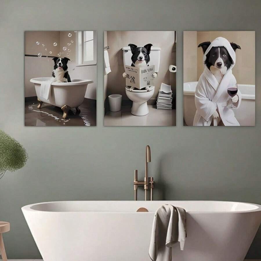 Border Collie Bathroom Canvas Art Set, 3 PiecesDecorative Dog Theme Wall Prints, Bathroom Humor Artwork, Home Decor For Living Room, Dining Room, Bedroom Unframed, Canvas Material, Ideal Gift For Pet Lovers Featherless, No Electricity Needed - Multicolor - View 1