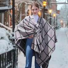 Ponchos para Mujer Elegantes,Chales para Mujer Capa Abierta,árdigan Abrigado de Otoño/InviernoT,ransformable en Bufanda o Chalina,Regalo de Navidad de invierno para mi esposa - Negro + Blanco - Ver 11