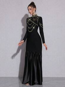 Elegante vestido largo de noche de sirena con mangas largas, cuello en pico y aplicaciones de plumas, ajustado, para bodas, banquetes y fiestas