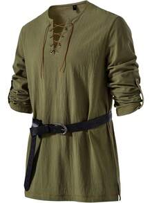 Men's Pure Cotton Vintage Lace Up Shirts For Pirate Renaissance Viking Medieval Costume Without Belt - 酒紅色 - 查看 7