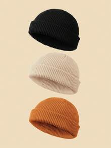 3 件婴儿纯色简约无檐小帽，柔软舒适温暖针织帽礼物，秋冬 - 彩色 - 查看 5