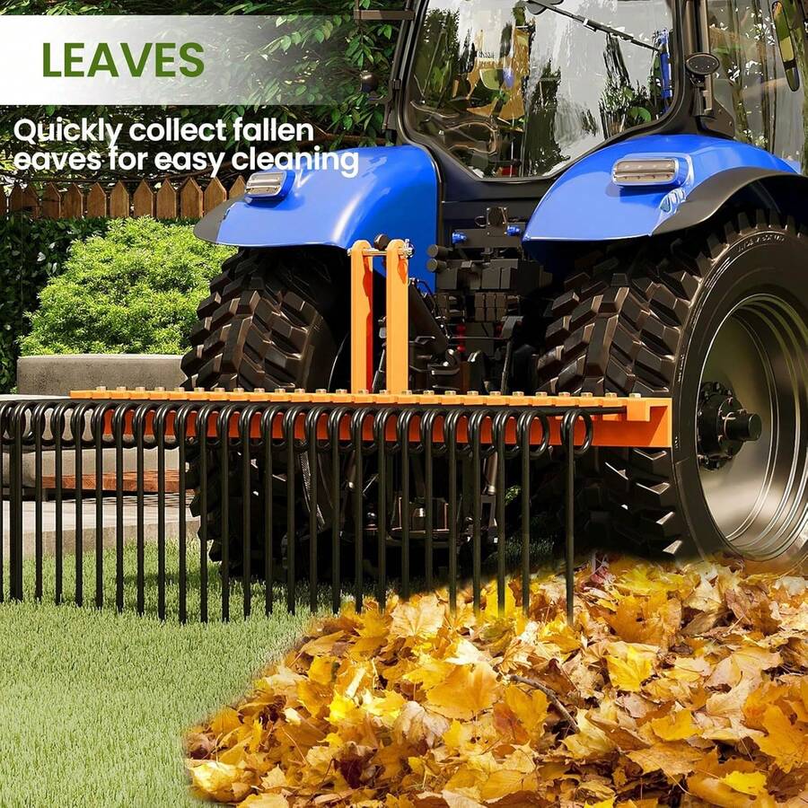 Rastrillo de tres puntas para tractor de 72 pulgadas, con agujas de pino, resorte de acero con recubrimiento en polvo, apto para Cat0 y Cat1, color naranja