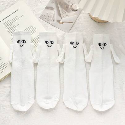 1 par/2 pares de calcetines magnéticos de pareja "agarrados de la mano", diseño de carita sonriente y muñeco de peluche, calcetines deportivos casuales