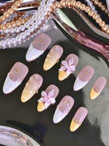 10 pezzi Unghie finte da donna a mandorla, punte francesi artigianali 3D con decorazioni floreali e gocce d'acqua multicolore, unghie acriliche lucide e complete, set per manicure con colla per unghie, regalo per Natale, feste di compleanno, collezione di unghie natalizie