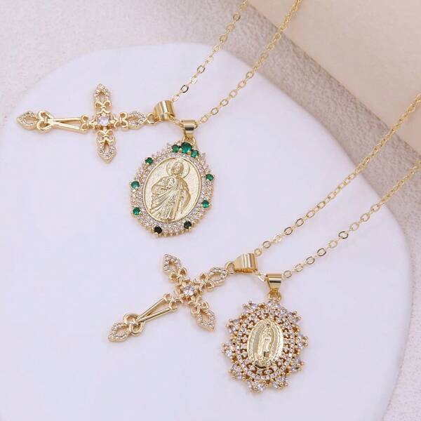 Unisex Fashion Necklace With Virgin Mary/St. Jude/Cross Dual Pendants, Copper Inlaid CZ, Suitable For Casual Daily Wear