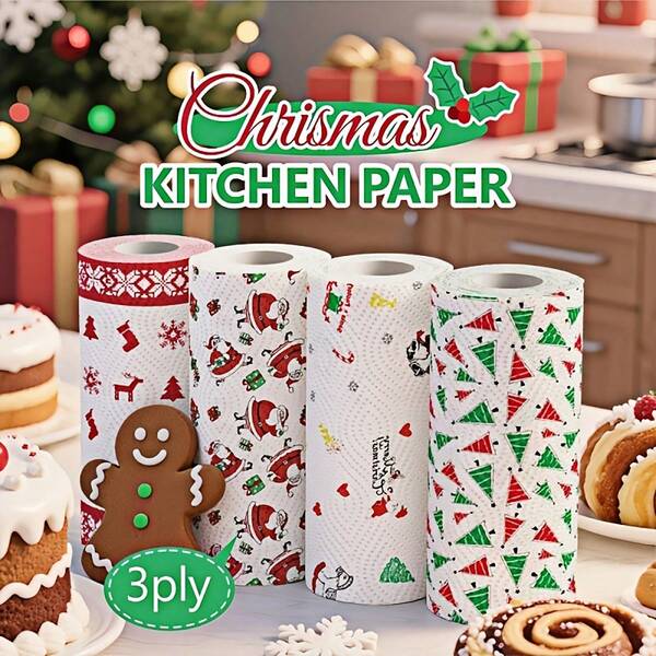 Christmas Kitchen Paper, Three-Layer Thick Paper Roll, Disposable Kitchen Cleaning Paper, Dry And Wet Dual-Purpose Thick Kitchen Paper, Disposable Kitchen Napkin, Dry And Wet Dual-Purpose Washable Kitchen Paper, Cleaning Supplies, Random Style Selection, Christmas Cleaning Tools, Christmas Gift, Christmas Decorative Napkin, Christmas Kitchen Paper Roll, Wet Wipes, Sticky Absorbent Paper, Napkin