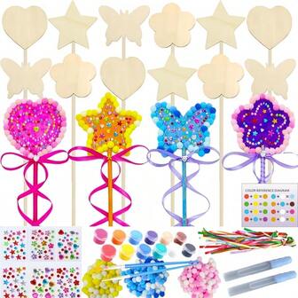12pcs Unfinished Wooden Wand Craft Kit, Includes 12 Wand Blanks, 6 Gem Stickers, 12 Colored Ribbons, 12 Paints And 2 Brushes, Suitable For Mother's Day, Halloween Party, Princess & Fairy Role Play, Make Your Own Magic Wand, Ideal Gift (Some Accessories Colors Random)
